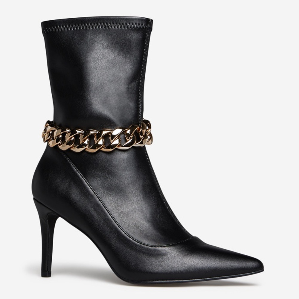 NIB Black Faux Leather Chain Link Pointed Toe Booties - Picture 3 of 4